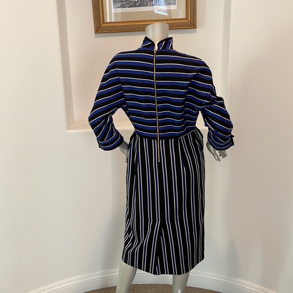 Olympia Le-Tan Striped Dress Sz 42 Blue Black Mock Neck Paris Designer - Picture 8 of 16